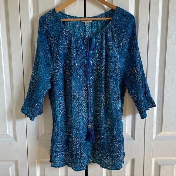 Catherines Tops - Catherines Tunic Top Women’s 1X Blue Paisley Tassel Tie Sequin Slit Lightweight